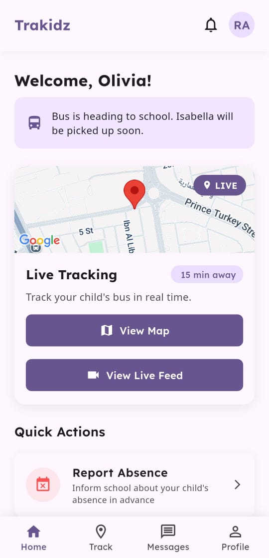 Trakidz live bus tracking screenshot